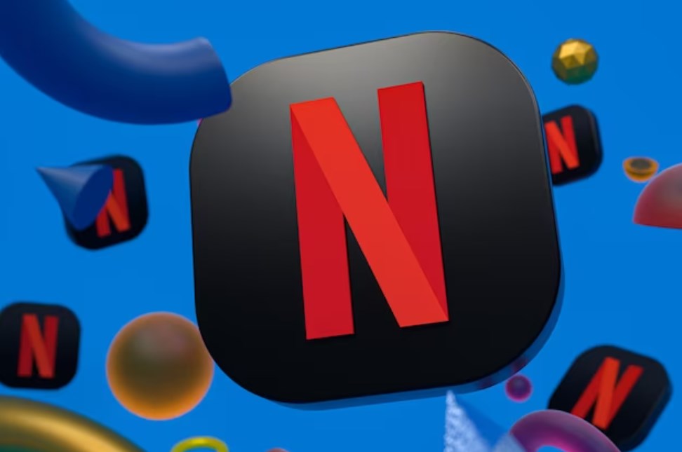 Netflix logo on abstract background with floating geometric shapes
