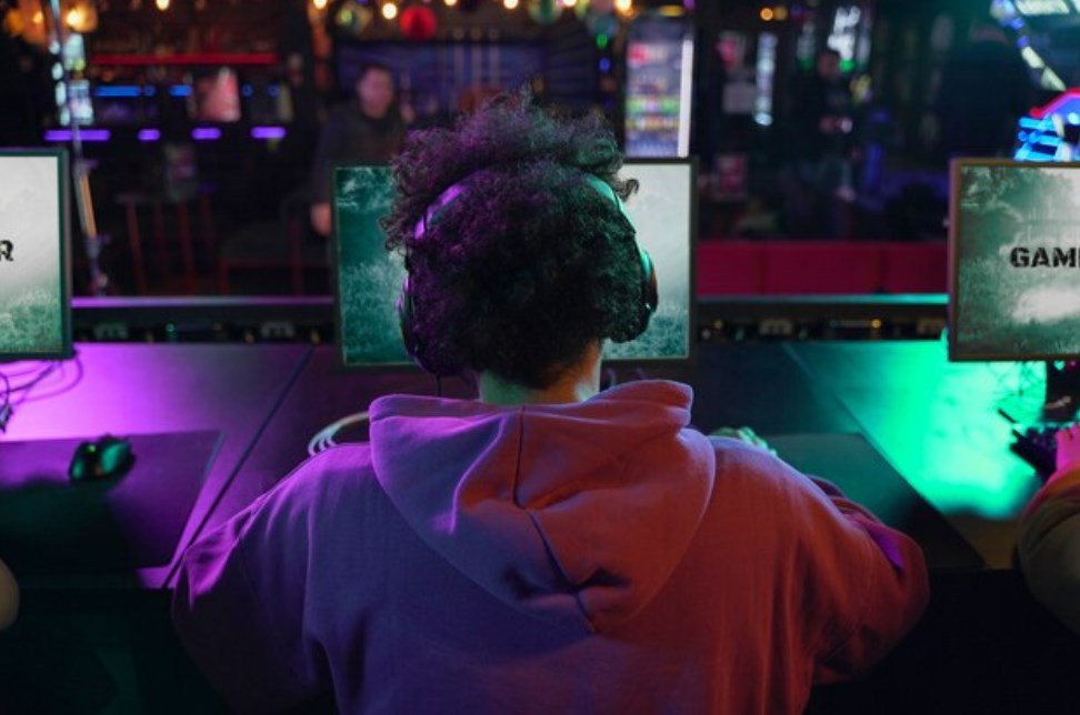 back-view of a young man playing a videogame on PC