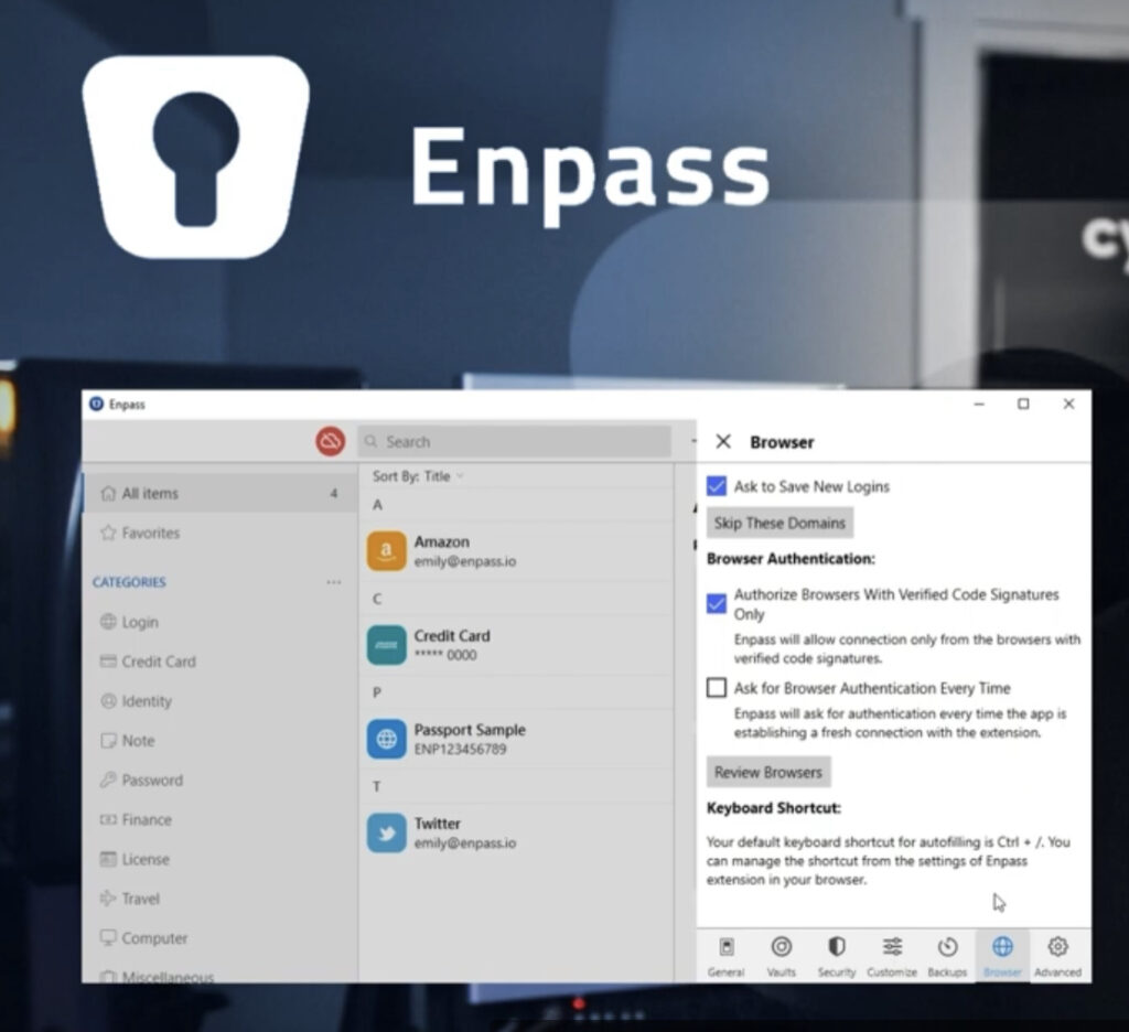 Screenshot of the Enpass password manager interface on a computer screen, showing a list of items including logins for Amazon and Twitter