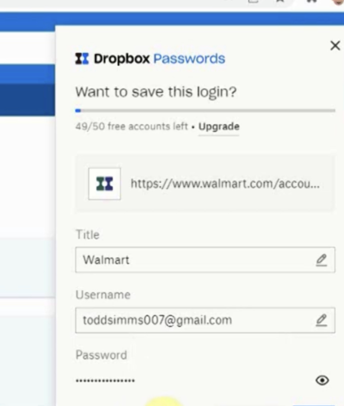 A pop-up from the Dropbox Passwords extension asking "Want to save this login?