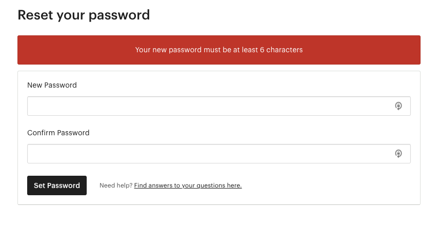 Etsy password reset window