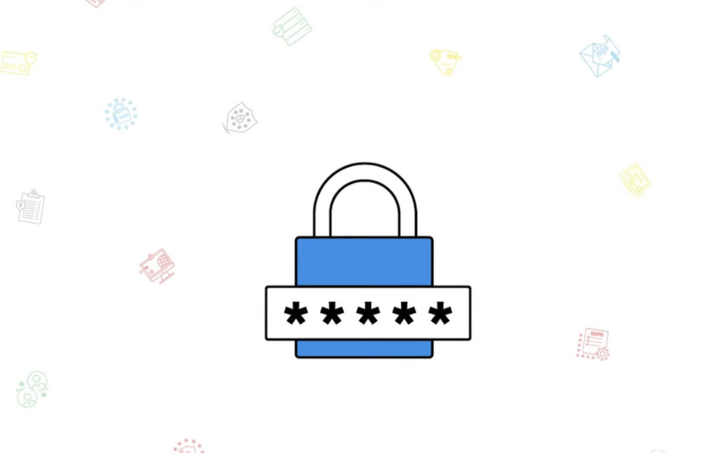 A simple illustration of a blue padlock with a password entry bar filled with asterisks, set against a background with faint outlines of various document and technology icons