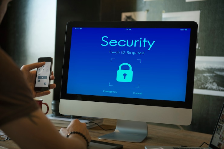 a PC monitor on the desk with the word “Security” and a lock sign on the screen