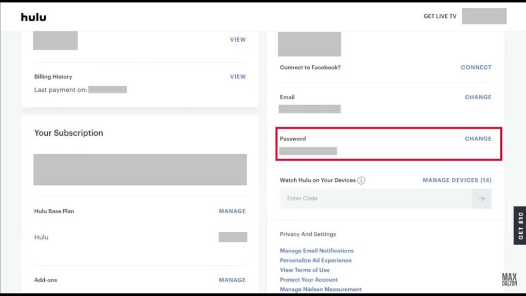 Process of changing Hulu password