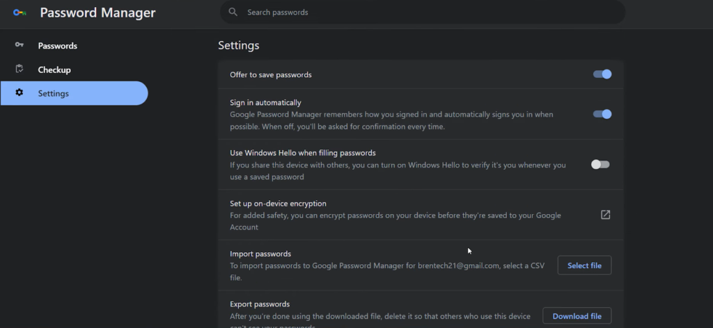 the setting of Google password manager on black background