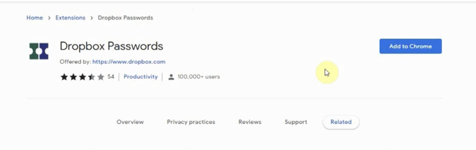 A screenshot of the Dropbox Passwords extension page on a web store, showing a user rating of 2.5 stars out of 5 from 54 reviews