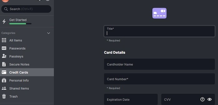 Menu for adding a credit card