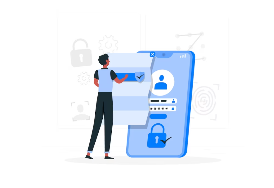 The person stands near a webpage and touches it, the phone behind with a lock on it