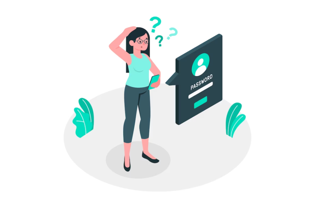 Illustration of a perplexed woman standing by a password entry screen