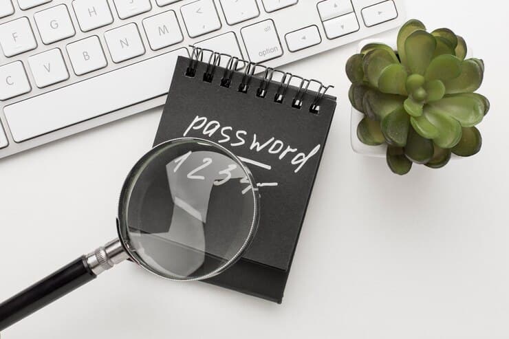 Flay Lay of Notebook with Password and Magnifying Glass